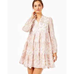 Lilly Pulitzer Sarita Tiered Silk Dress Coconut Rose Gold Metallic